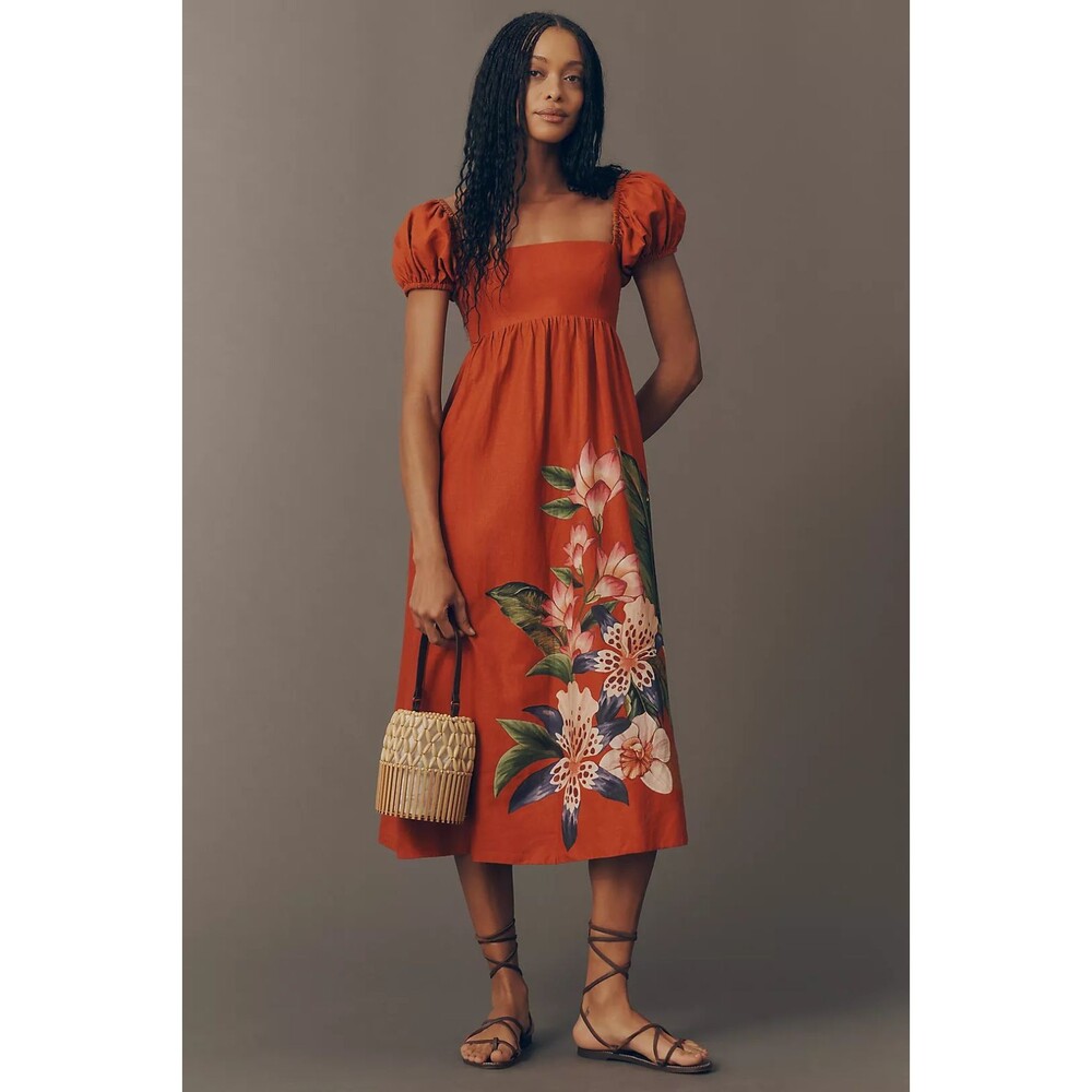 Farm Rio Anthropologie Women Hilo Arangement Square Neck Midi Dress size M NWT